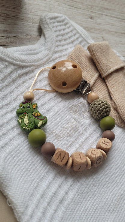 Schnullerkette mit Namen Drache braun holz grün