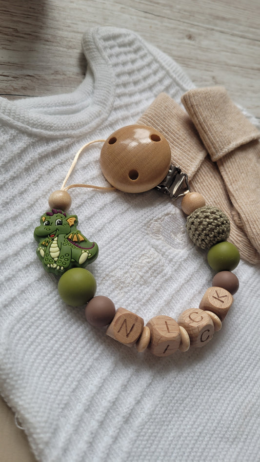 Schnullerkette mit Namen Drache braun holz grün