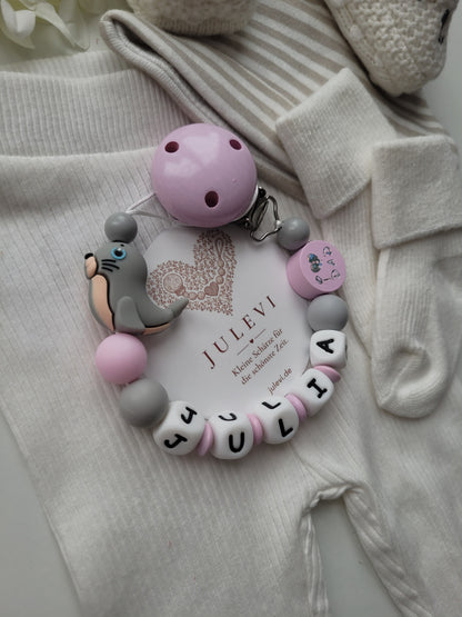 Schnullerkette mit Namen für Mädchen Robbe Silikon grau I love mom and dad rosa grau