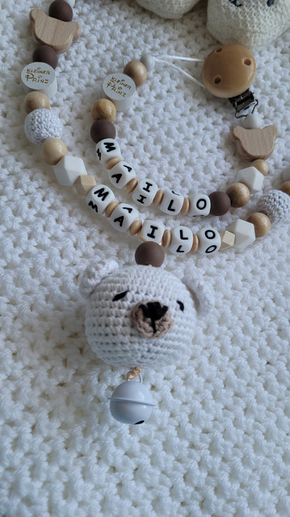 Kinderwagenkette & Schnullerkette Set Baby Teddy für Jungen braun weiss holz