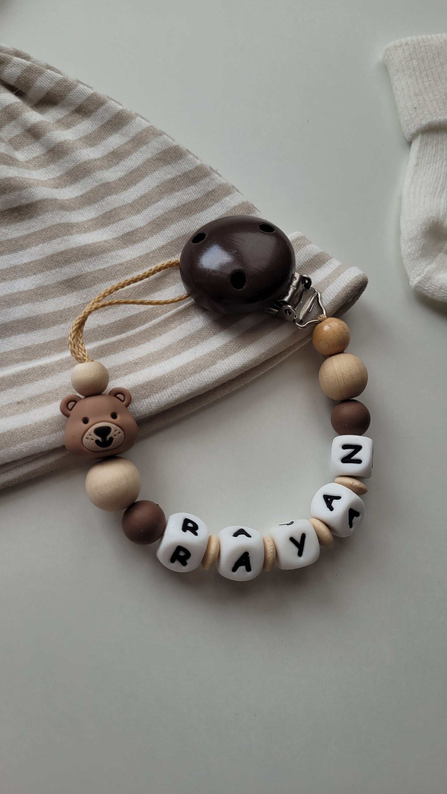 Schnullerkette mit Namen für Jungen Teddy braun beige holz