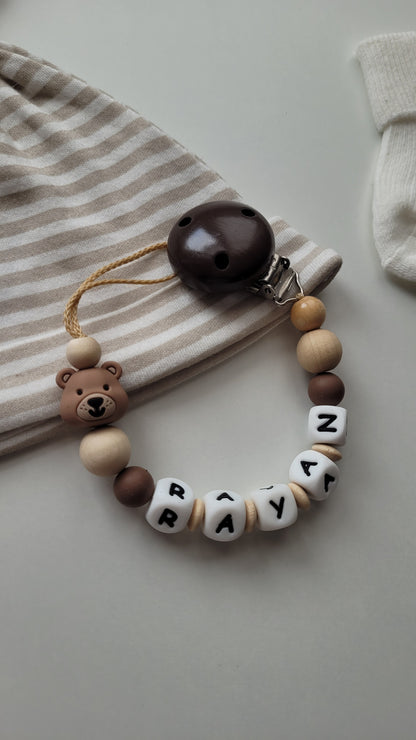 Schnullerkette mit Namen für Jungen Teddy braun beige holz