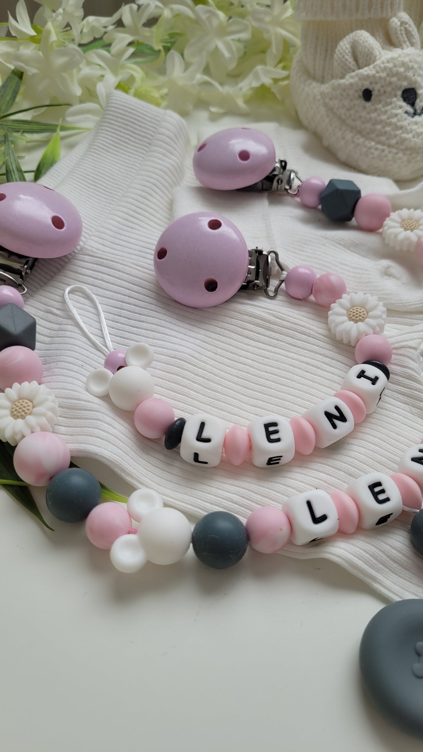 Kinderwagenkette & Schnullerkette *Minnie* grau rosa