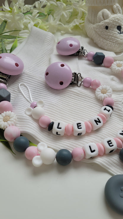 Kinderwagenkette & Schnullerkette *Minnie* grau rosa
