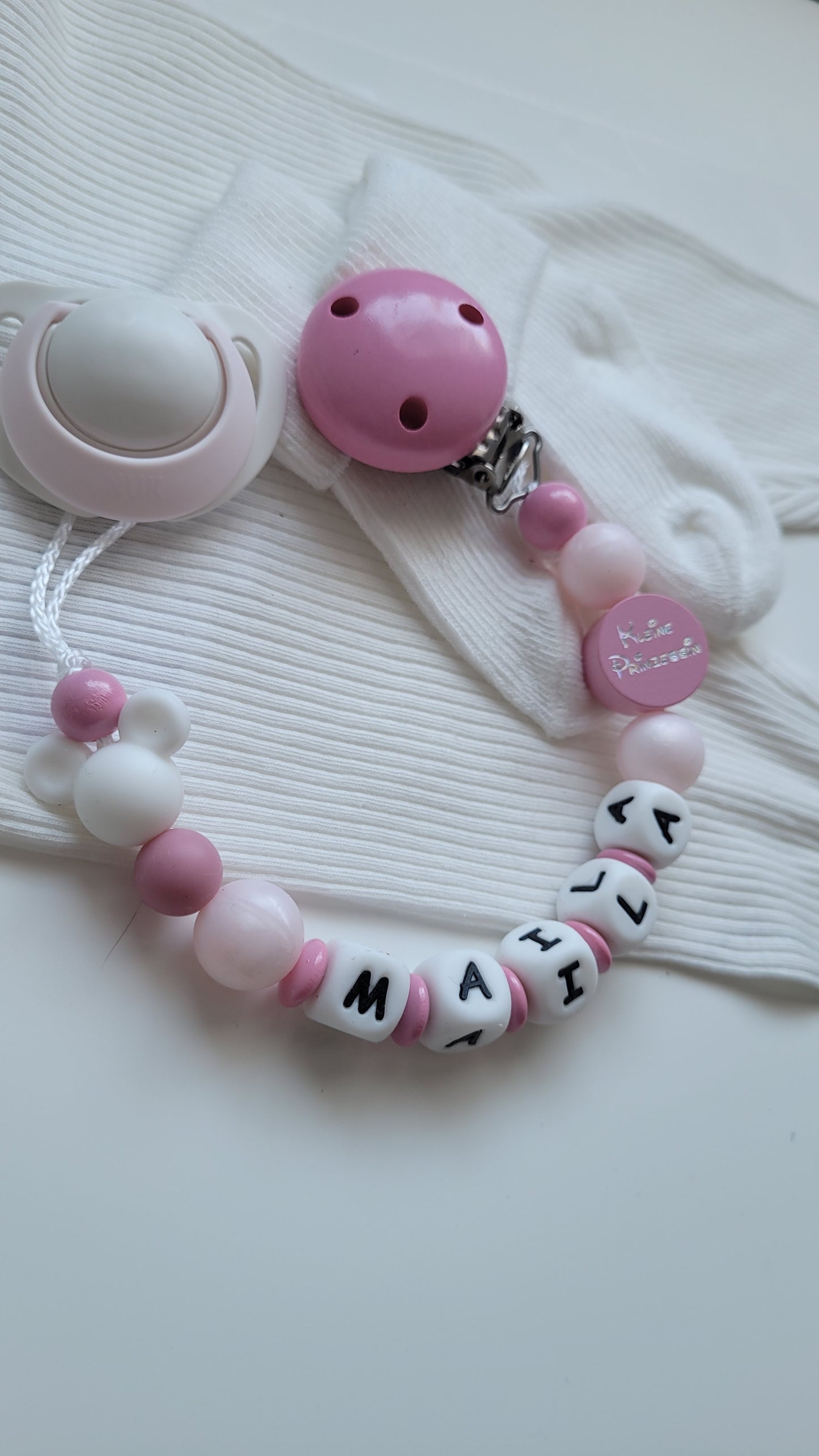 Schnullerkette mit Namen für Mädchen Maus babypink perlmutt