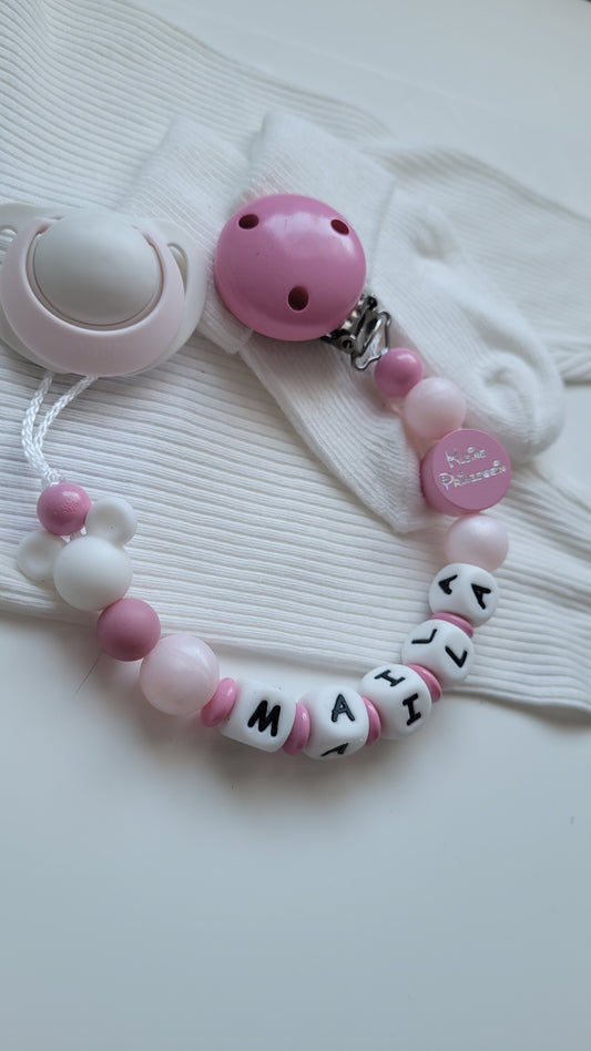 Schnullerkette mit Namen für Mädchen Maus babypink perlmutt