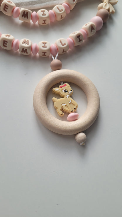 3er Set Schnullerkette Kinderwagenkette & Beissring mit Namen Reh & Schmetterlinge rosa taupe