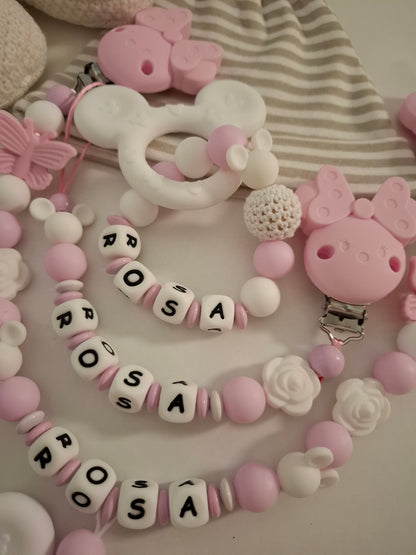 3er-Set Schnullerkette Kinderwagenkette & Greifring mit Namen Maus rosa weiss
