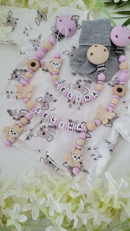 Kinderwagenkette & Schnullerkette *Eichhörnchen* rosa beige