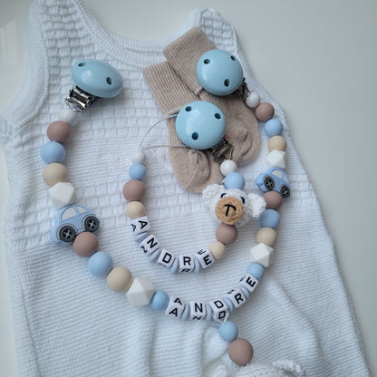 Kinderwagenkette & Schnullerkette mit Namen Auto Teddybear blau beige