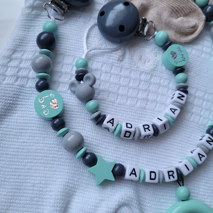 Kinderwagenkette & Schnullerkette mit Namen Maus mint grau