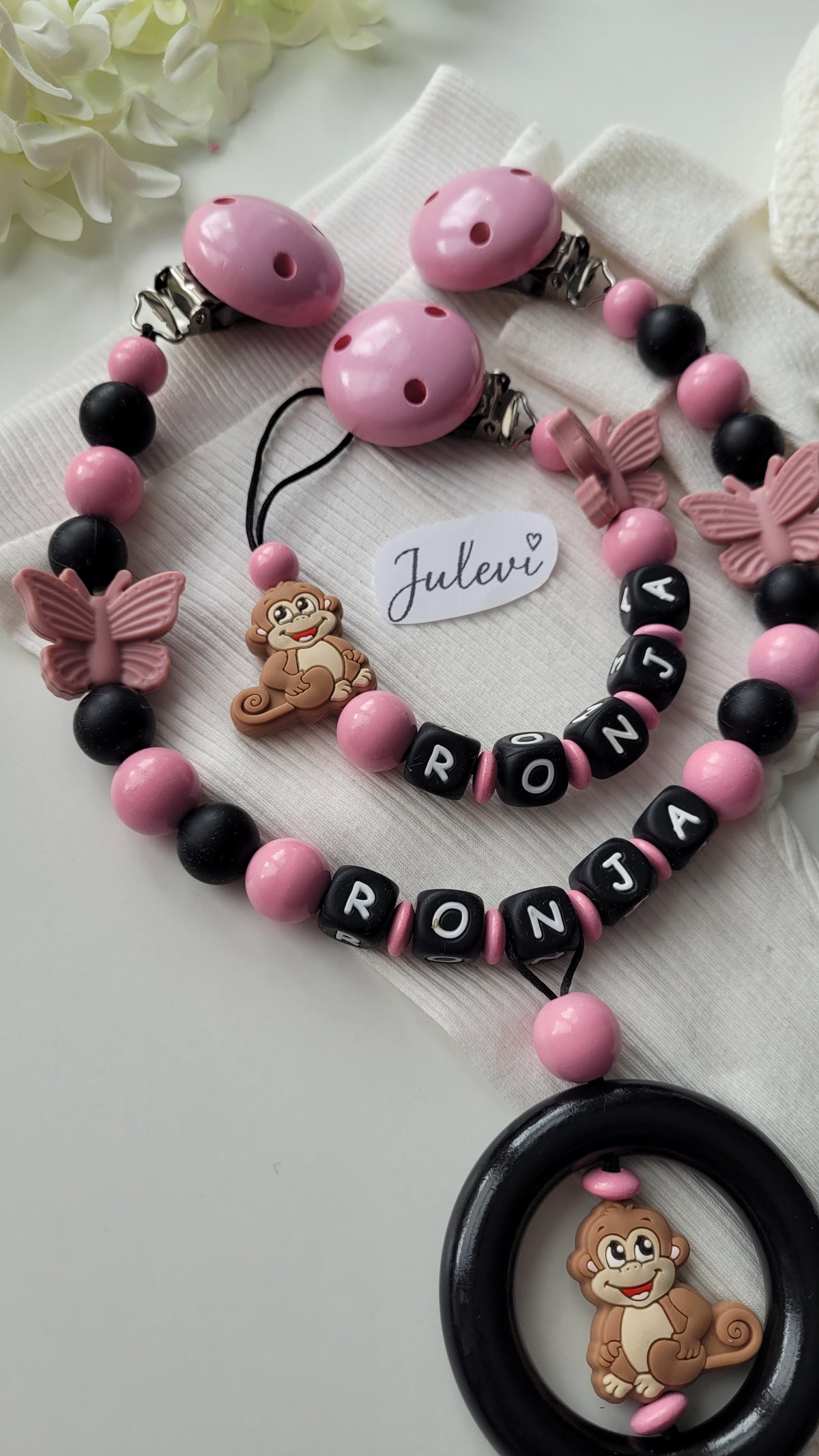 Kinderwagenkette & Schnullerkette Set mit Namen Affe Schmetterling schwarz blush Silikon Holz | personalisiert
