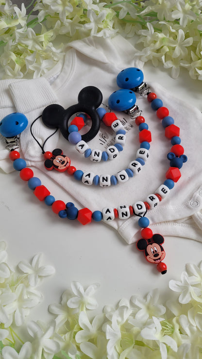 3tlg Set Schnullerkette Kinderwagenkette Greifling Mickey Maus blau rot