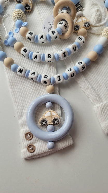 3er Set Schnullerkette Kinderwagenkette & Greifring mit Namen Auto Maus babyblau