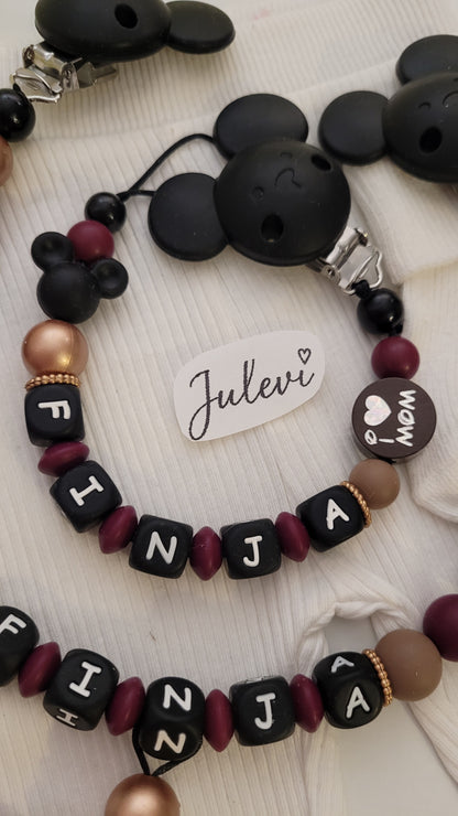 Schnullerkette mit Namen für Mädchen Maus weinrot rosegold