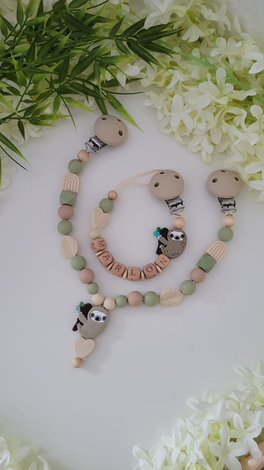 Kinderwagenkette & Schnullerkette *Faultier* grün beige