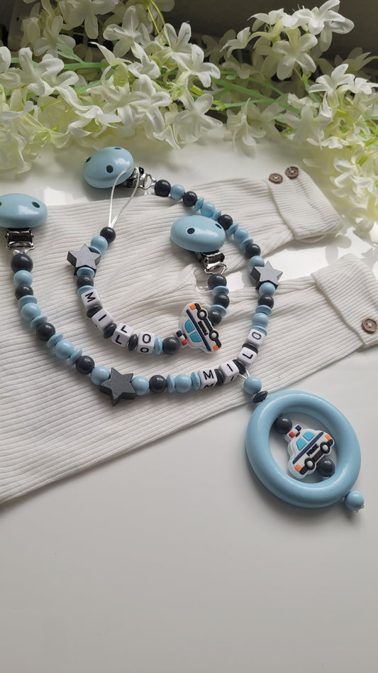 Kinderwagenkette & Schnullerkette mit Namen Polizei Auto blau