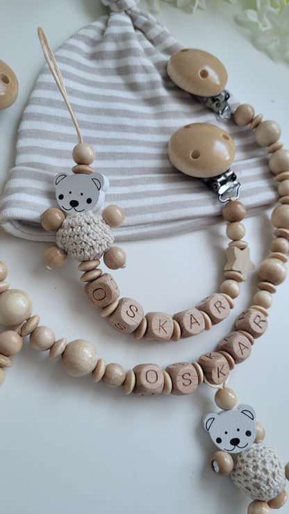 Kinderwagenkette & Schnullerkette mit Namen Bärchen holz