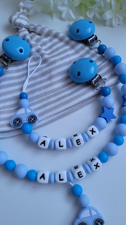 Kinderwagenkette & Schnullerkette mit Namen Auto blau