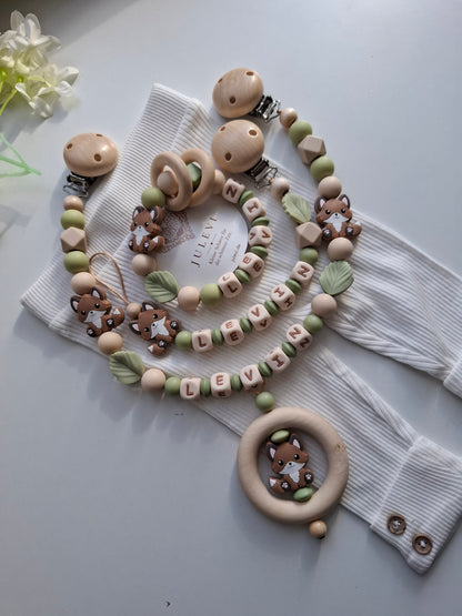3er Set Schnullerkette Kinderwagenkette & Greifring mit Namen Fuchs salbei beige
