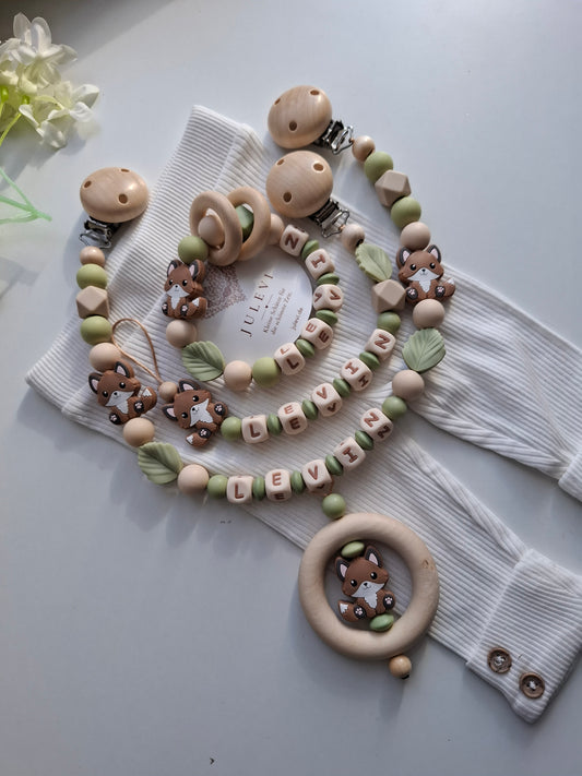 3er Set Schnullerkette Kinderwagenkette & Greifring mit Namen Fuchs salbei beige