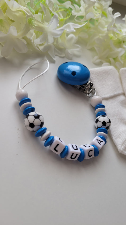 Schnullerkette mit Namen für Jungen Fussball blau weiss Clip blau