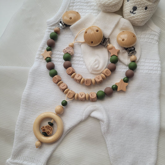 Kinderwagenkette & Schnullerkette mit Namen Auto holz grün