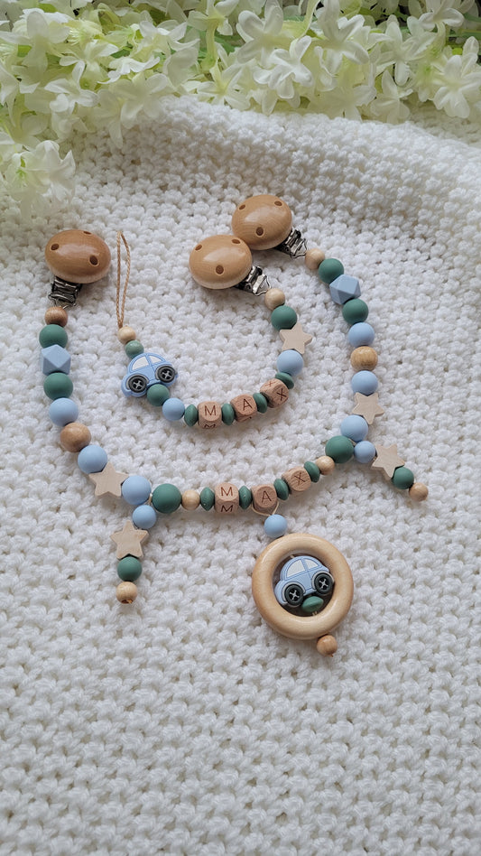 Kinderwagenkette & Schnullerkette mit Namen Auto blau Salbei holz
