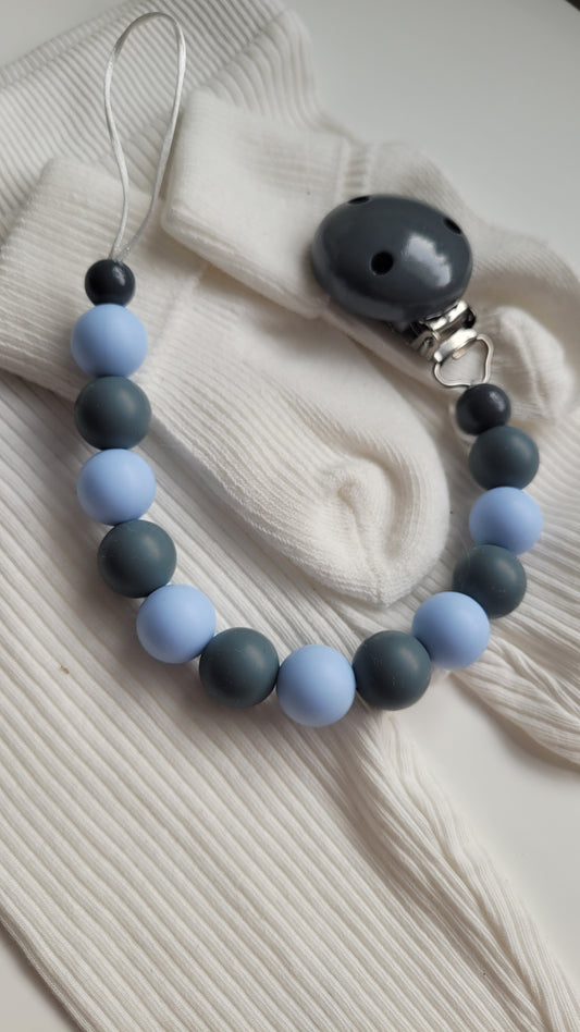 Schnullerkette Silikon  grau hellblau