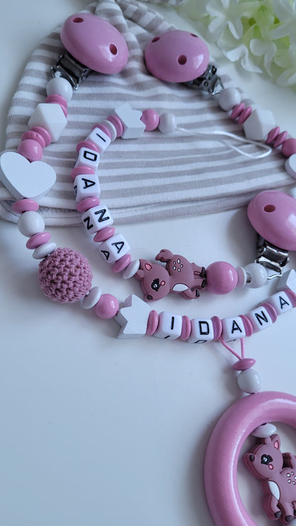 4tlg.Set Schnullerkette Kinderwagenkette & Greifring mit Namen Reh babyrosa weiss