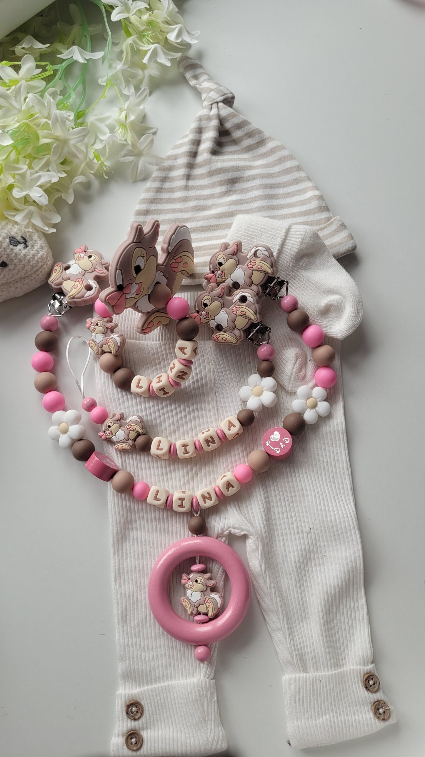 3tlg Set Schnullerkette Kinderwagenkette Greifling Hase pink braun