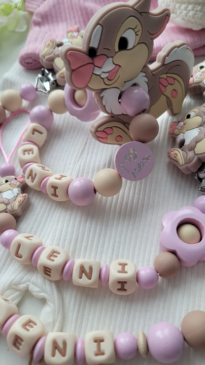 3tlg Set Schnullerkette Kinderwagenkette Beissring Hase & Blumen rosa taupe
