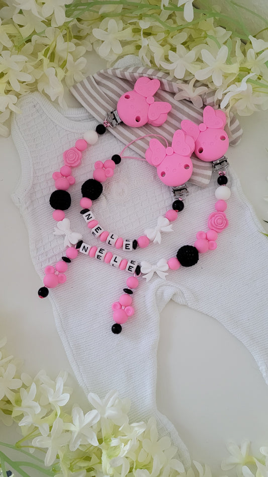 Kinderwagenkette & Schnullerkette *Maus pink schwarz*