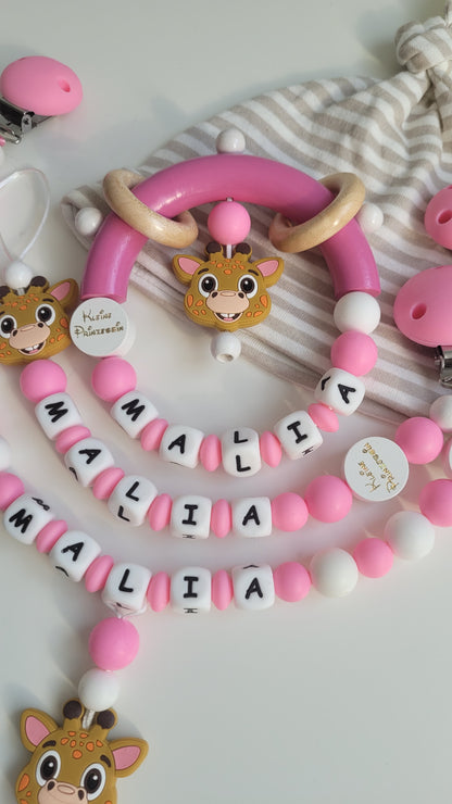 3tlg.Set Schnullerkette Kinderwagenkette & Greifring Giraffe pink