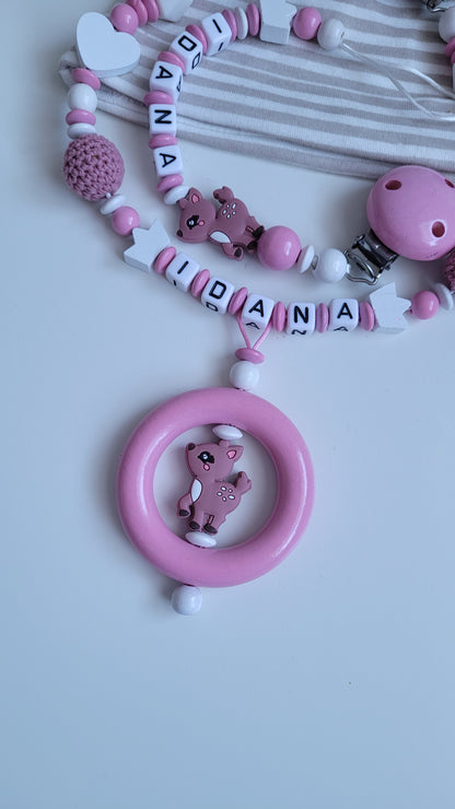 3tlg.Set Schnullerkette Kinderwagenkette & Greifring mit Namen Reh babyrosa weiss