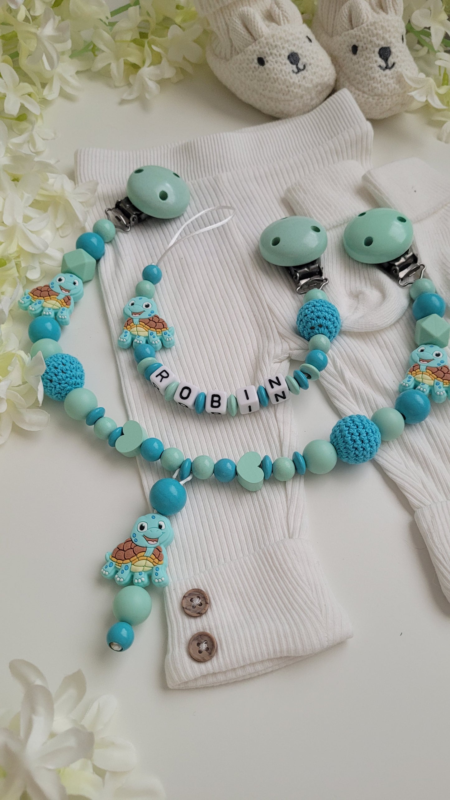 Kinderwagenkette & Schnullerkette mit Namen Schildkröte mint türkis