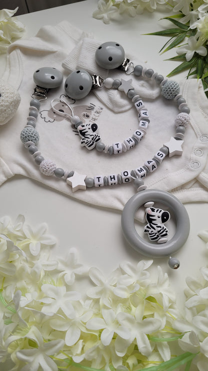 Kinderwagenkette & Schnullerkette Set Zebra grau weiss