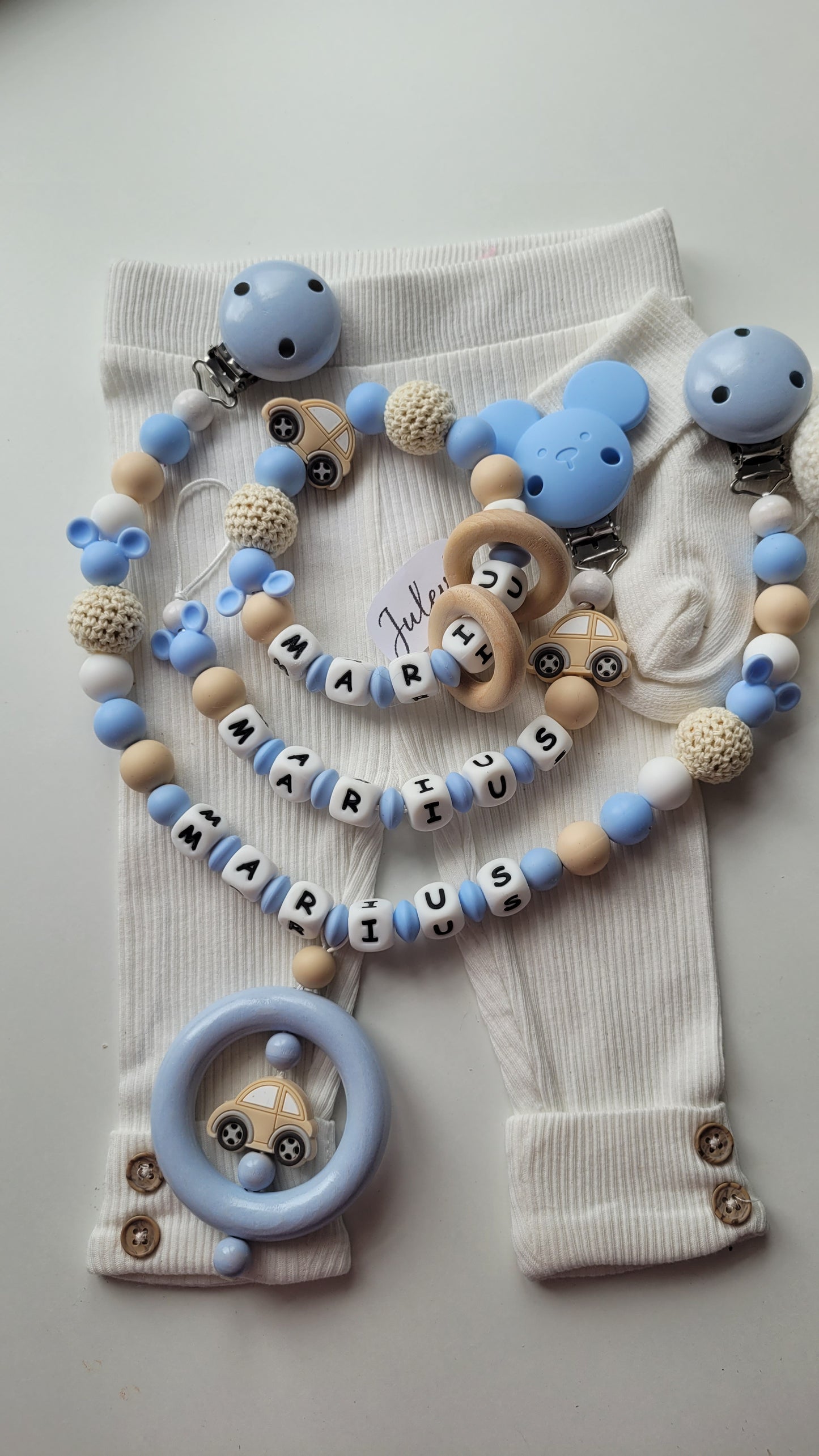 3er Set Schnullerkette Kinderwagenkette & Greifring mit Namen Auto Maus babyblau