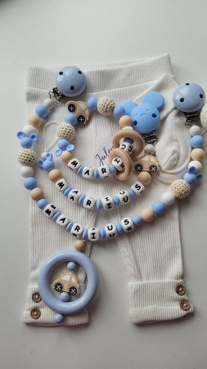 3er Set Schnullerkette Kinderwagenkette & Greifring mit Namen Auto Maus babyblau
