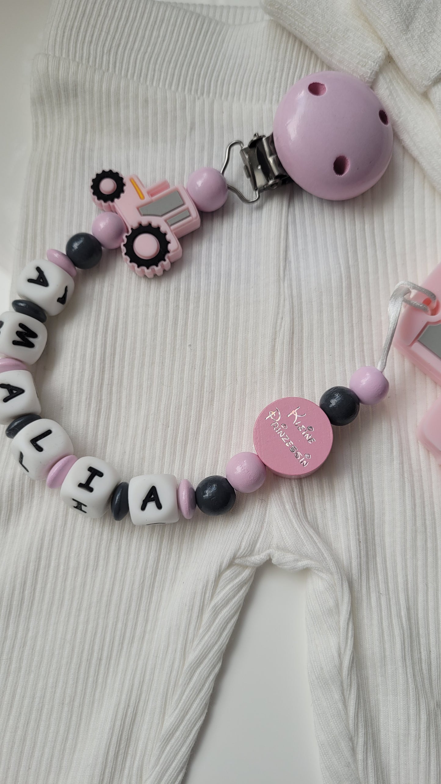 3 in 1 Beissring Schnullerkette mit Namen  Traktor rosa