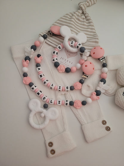 3er Set Schnullerkette, Kinderwagenkette & Beißring mit Namen Mäuse Schmetterlinge Rosen weiß peach dunkelgrau