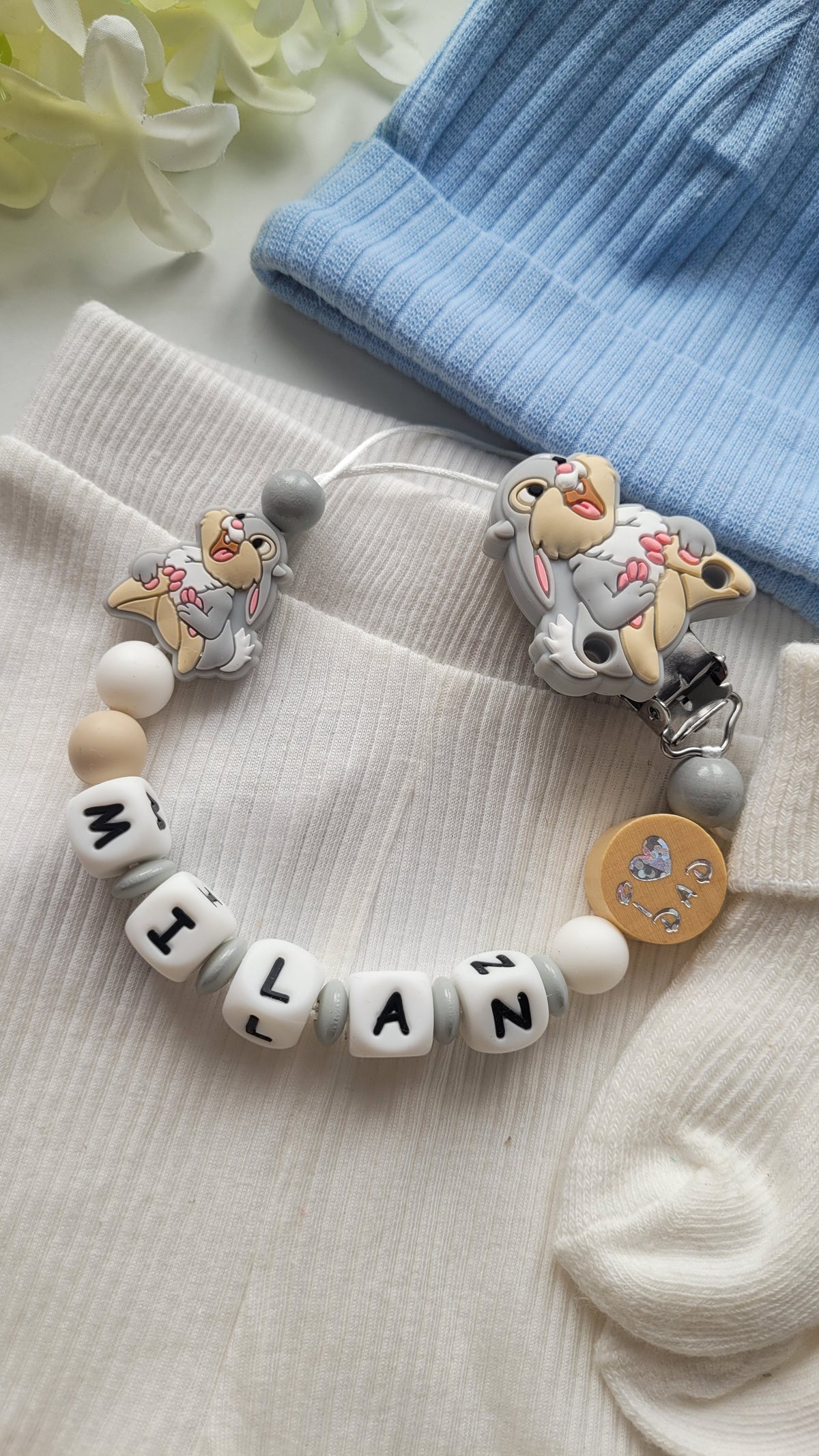 Kinderwagenkette & Schnullerkette Set mit Namen Hase Wendeperle i love Mom und Dad weiß grau beige Holz Silikon | personalisiert