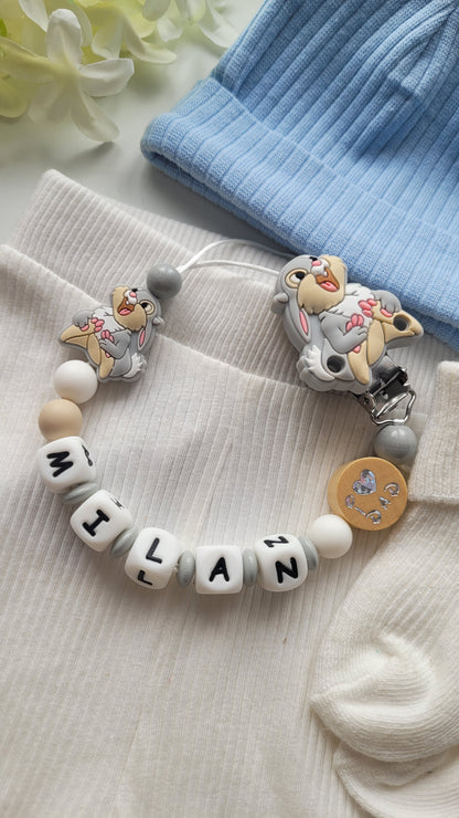 Kinderwagenkette & Schnullerkette Set mit Namen Hase Wendeperle i love Mom und Dad weiß grau beige Holz Silikon | personalisiert