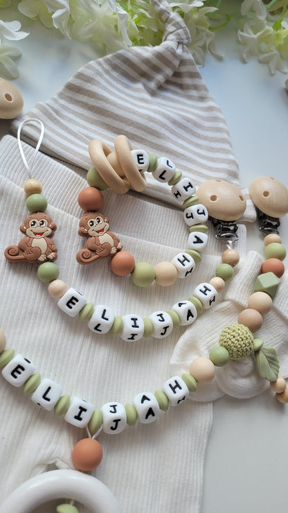 3tlg Set Schnullerkette Kinderwagenkette Greifring mit Namen | Affen | Beige Grün