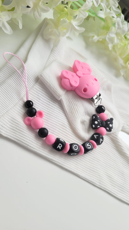 Schnullerkette mit Namen für Mädchen Maus  pink schwarz