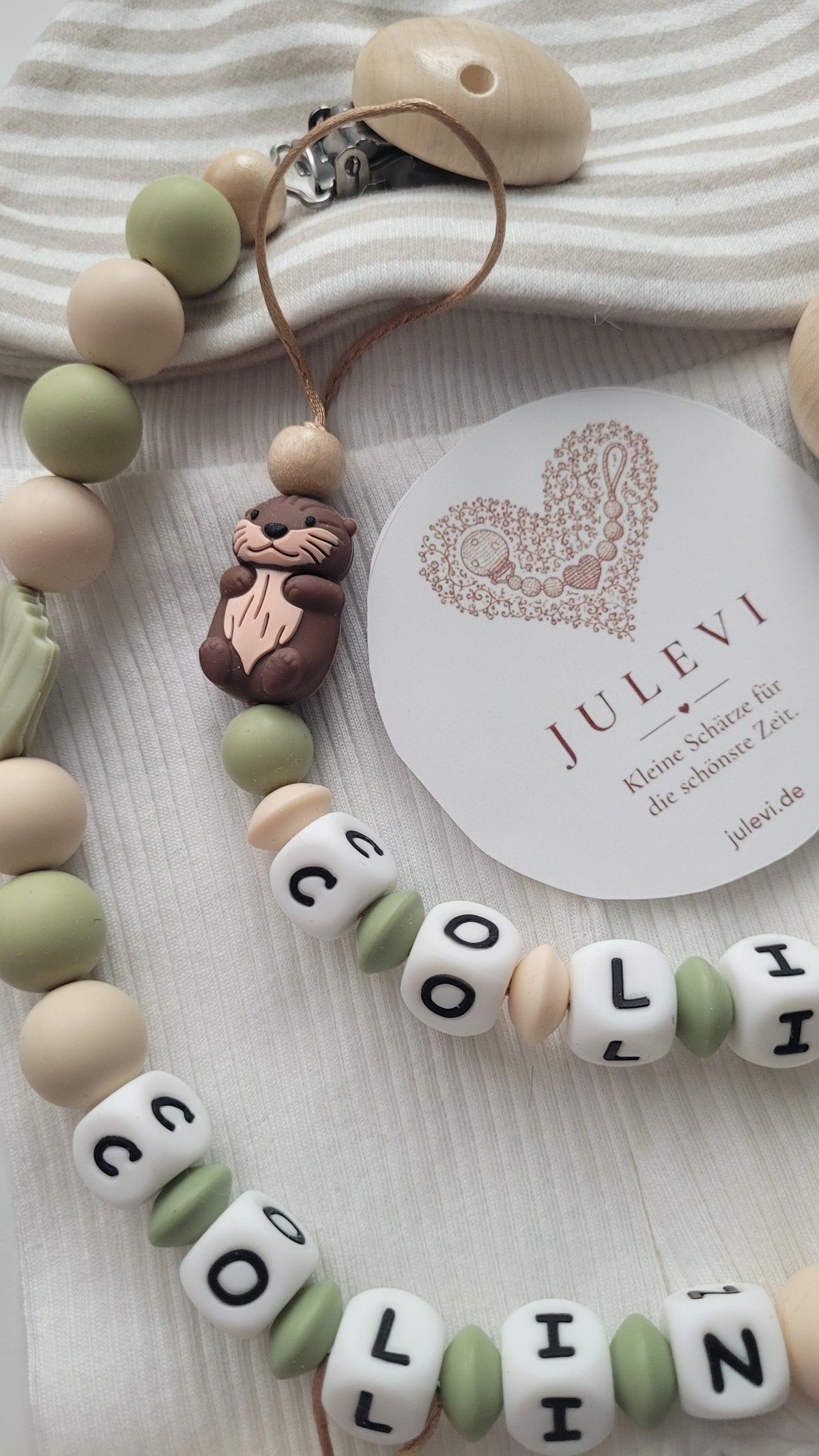 Kinderwagenkette & Schnullerkette Set Baby Otter beige braun grün | personalisiert