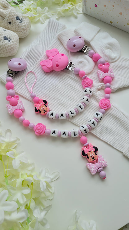 Kinderwagenkette & Schnullerkette mit Namen *Maus* pink rosa