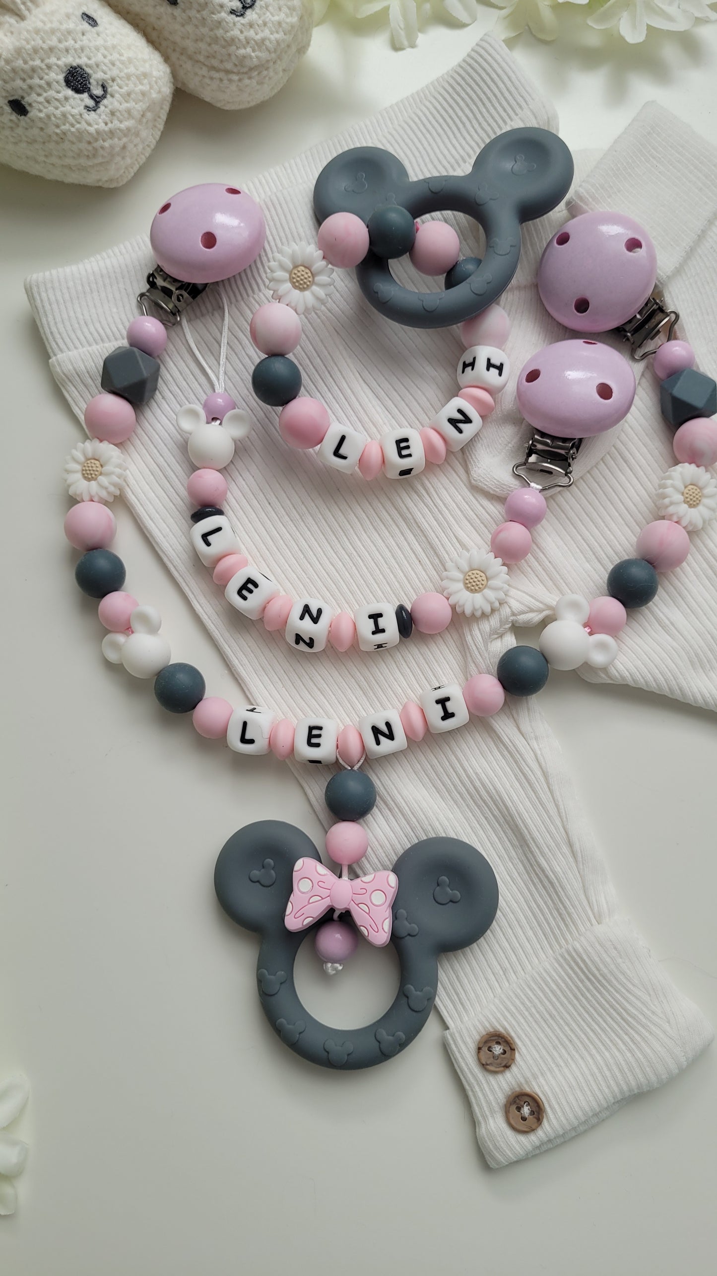 3tlg Set Schnullerkette Kinderwagenkette Greifling Maus grau rosa