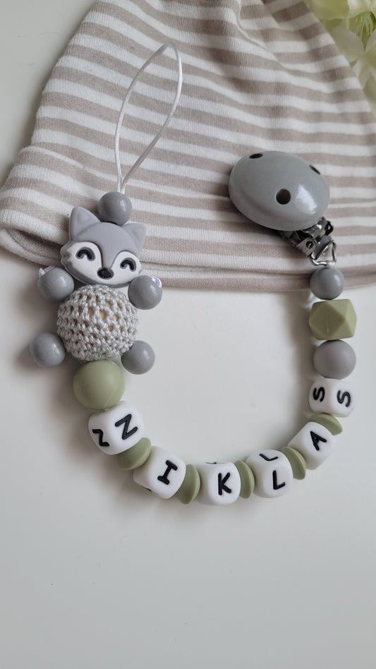 Schnullerkette mit Namen für Jungen Maus graugrün
