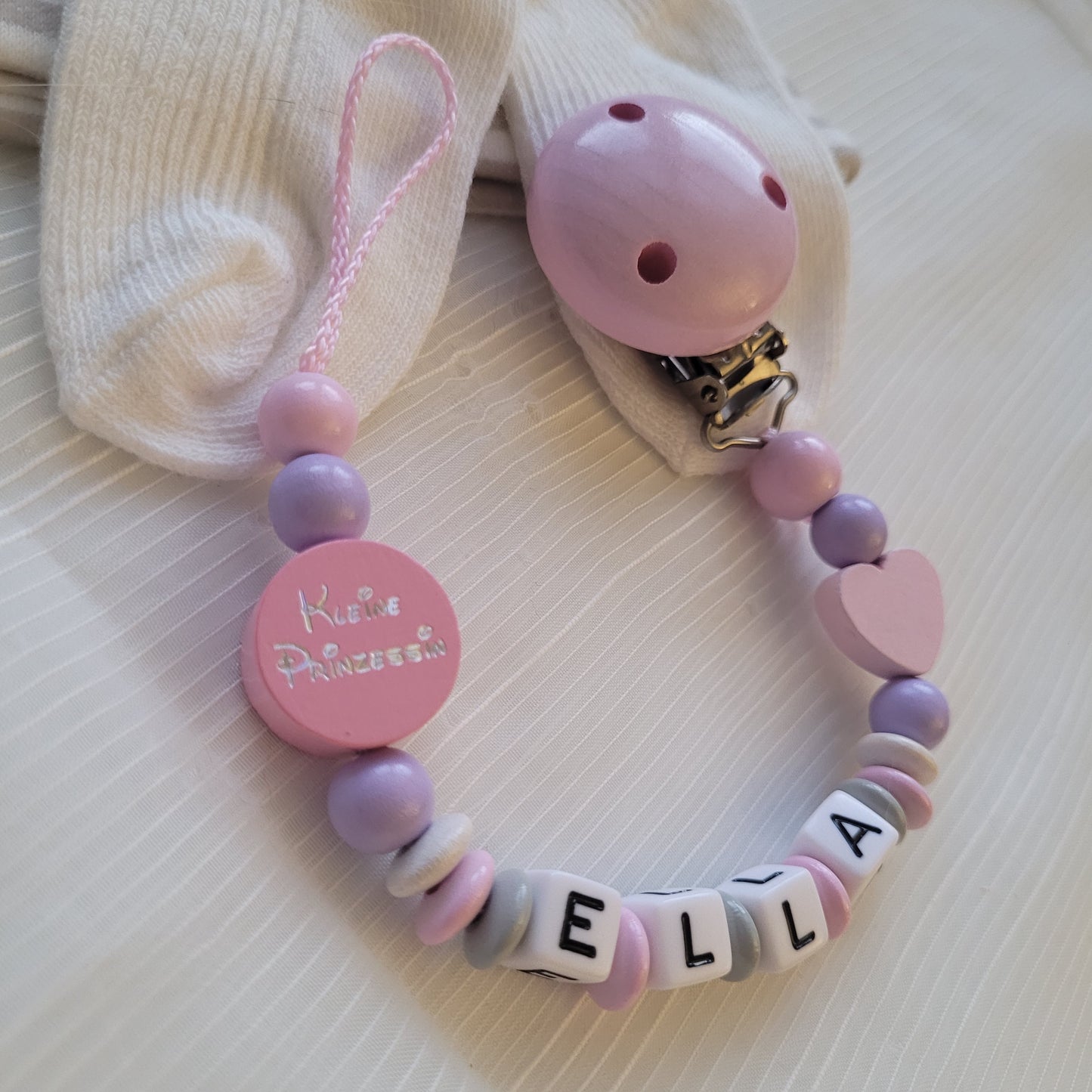 Schnullerkette mit Namen für Mädchen Herz & Kleine Prinzessin rosa weiß grau flieder